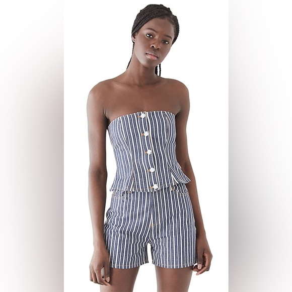 Ganni Pants - ❌SOLD❌NWOT Ganni Mixed Stripe Dark Indigo Denim Buster Top & Shorts Set💙🤍💙